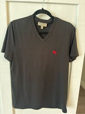 Burberry Black V-Neck Short Sleeve Tee with Red Logo